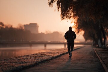 back view of man jogging in city park at sunrise with copy space