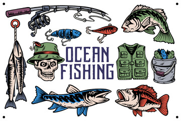Vintage fishing tools and catch set collection illustration. Fisherman accessory and ocean fishing vintage style. Great outdoor marine fishing element retro vector illustration
