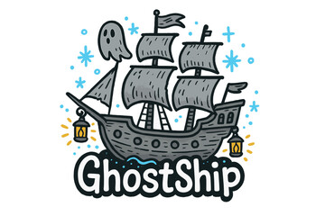 Fototapeta premium Colorful Ghost Ship. Colorful doodle ghost ship in gray and white with glowing lanterns, eerie blue sparkles, center word