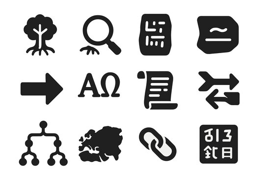 Etymology Icon Set. Solid style icons of etymology: root word tree, magnifying glass on root, ancient tablet, reconstructed