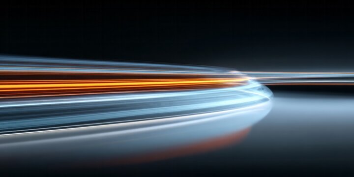 Horizontal streaks of bright orange and cool blue light convey rapid motion across a dark surface. - Powered by Adobe