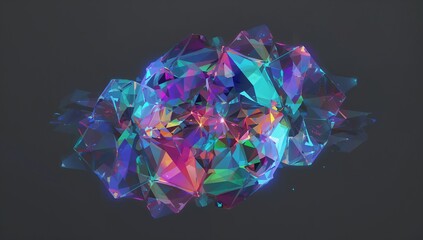 Glowing faceted crystal cluster with triangular shards and internal lights in gray void, particles