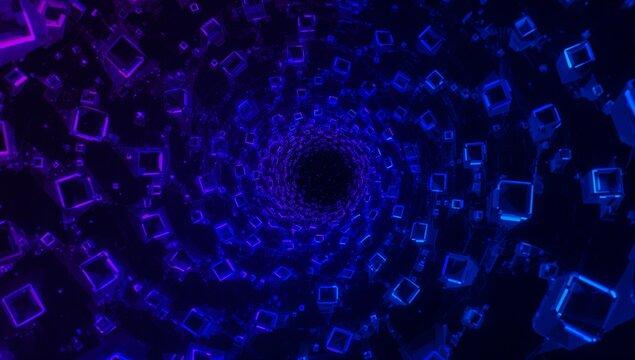 Spiraling neon cube vortex pulling inward in 3D tunnel, with hollow cubes, points, rings, dark void - Powered by Adobe
