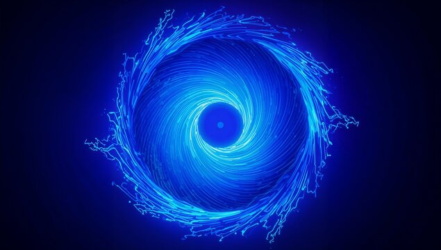 Spinning glowing electric-blue spiral vortex circling central luminous core in art graphic backdrop