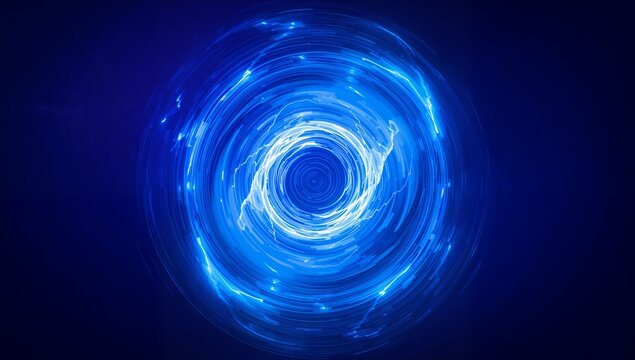 Swirling central vortex sending radial streaks in blue field, showing dark core, filaments, flares