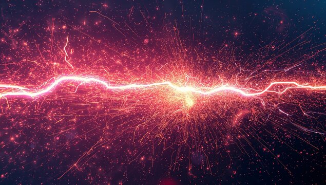 Glowing horizontal arc occupying center in plasma field, emitting core, radial sparks, light trails