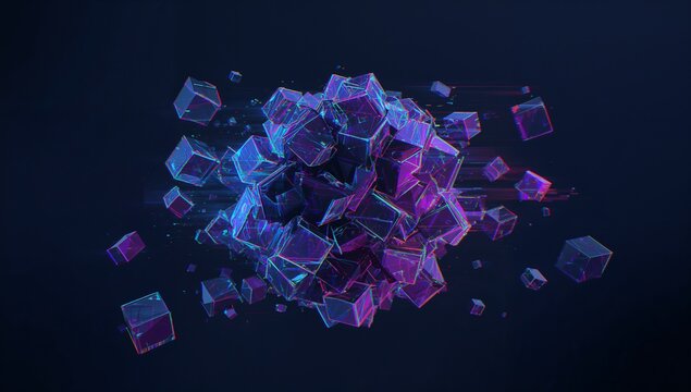 Floating glass cube cluster glowing with neon cyan magenta edges in cyberspace, ejecting particles - Powered by Adobe