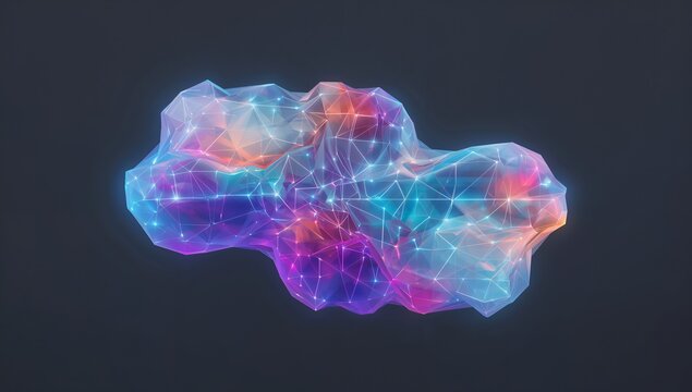 Floating translucent polygonal cloud emitting neon glow in dark studio, revealing wireframe nodes
