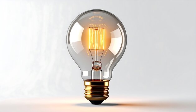 A clear glass light bulb glows warmly against a blurred white background, radiating bright light and showing filament details