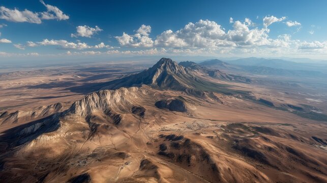 The aerial view presents a vast, barren landscape with undulating hills and a prominent mountain peak towering above the terrain. The rugged mountain and dry terrain create an impr