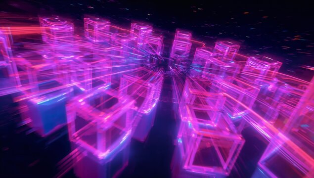 Glowing center neon wireframe cubes emitting magenta cyan light in 3D void, showing radial streaks