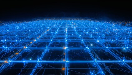 Glowing neon-blue circuit grid plane stretching toward dark horizon, showing nodes and wiring