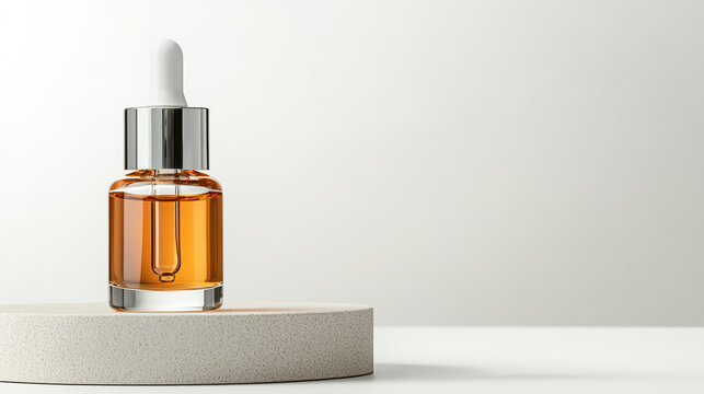 Glass dropper bottle with amber serum minimalist pedestal, warm soft glow and elegant composition