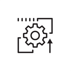 Industrial software updates icon. Features a gear in a focus box with an upgrade arrow. Represents system upgrades, process improvement, firmware patches, version control for factory and automation.