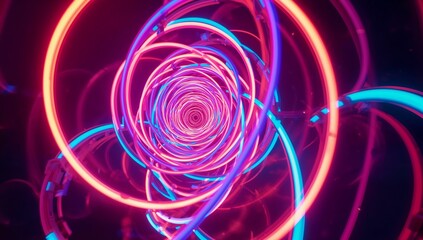 Spiraling glowing neon rings forming vortex in virtual tunnel, with tubular lights and center