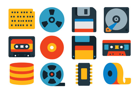 Data Storage Evolution Icons. Flat vector icons of Data Storage History: punch card, tape reel, floppy disk, hard drive platter,
