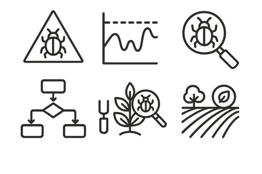 Integrated Pest Management Icons. Line style icons of Integrated Pest Management: IPM triangle, threshold level graph, scouting