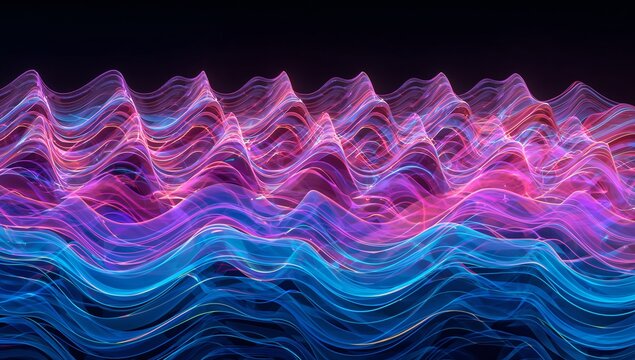 Glowing layered neon ribbons undulating over dark gradient backdrop, tracing filaments and sparks