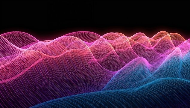 Flowing layered neon wireframe waves sweeping across deep black void, with glowing edge highlights