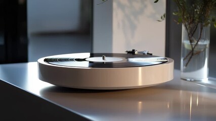 A modern turntable sits on a sleek white table, illuminated by natural light filtering through a nearby window. This turntable plays vinyl records, creating an intimate music exper