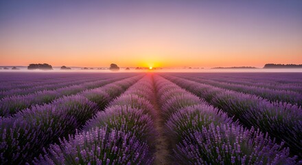 Beautiful purple lavender field at majestic sunrise with soft light and atmospheric mist creates a tranquil and serene natural landscape.