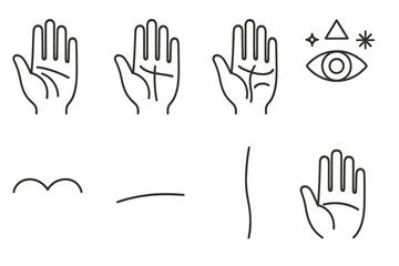 Obraz premium Chirology Line Icons. Line style icons of Chirology: Palm Creases, Life Line, Hand Mounts, Divination Symbols; Heart Line, Head