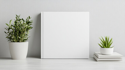 Fototapeta premium White hardcover book mockup on desk with potted plants and soft lighting