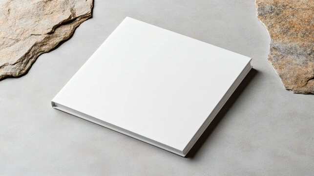 White hardcover book mockup on textured stone surface with soft natural lighting