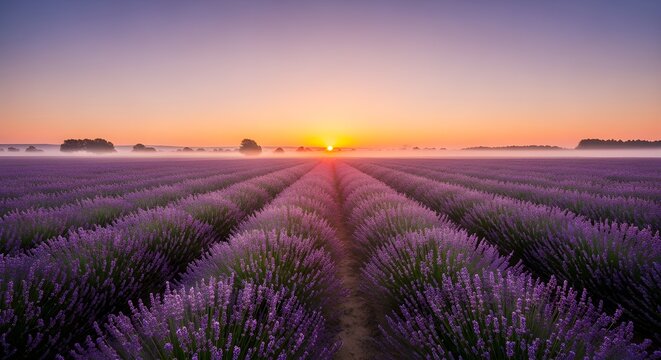 Beautiful purple lavender field at majestic sunrise with soft light and atmospheric mist creates a tranquil and serene natural landscape.