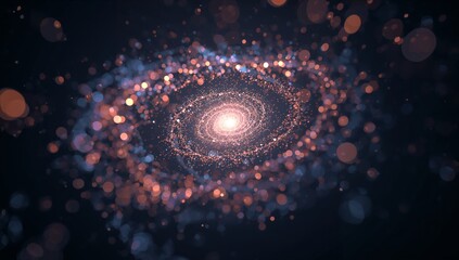 Swirling spiral particle galaxy rotating in outer space, showing bright core, arms, light orbs