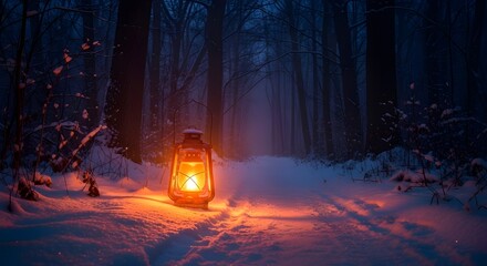 A glowing vintage lantern illuminates a snow-covered forest path at twilight, casting a warm light through the cold winter woods.