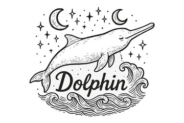 Fototapeta premium Mystical Dolphin Design. Hand-drawn river dolphin with moons, waves, and sparkles, center word “Dolphin” in black and white