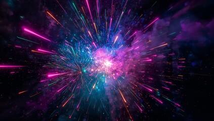 Fototapeta premium Radiating central luminous core sending neon streaks through deep dark void, with nebula clouds