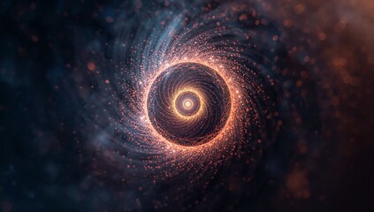 Spiraling golden-orange vortex revealing bright core and ringed layers with particle trails in void