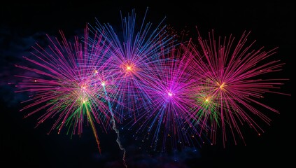 Exploding colorful fireworks filling night sky, with bright cores, radial streaks, sparklets, smoke