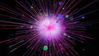 Radiating magenta-white core sending neon rays across dark digital void, with floating hexagons