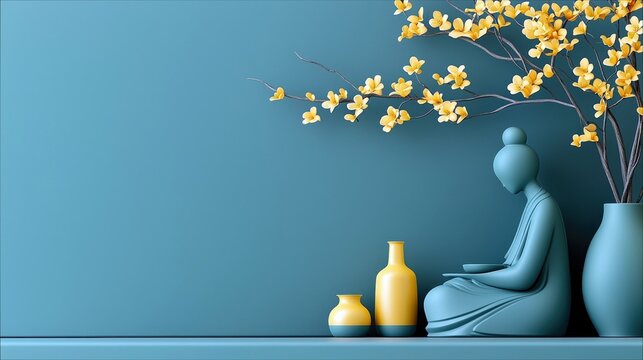 A minimalist composition featuring a serene blue sculpture of a woman in a meditative pose, surrounded by yellow flowers and decorative vases against a solid bl
