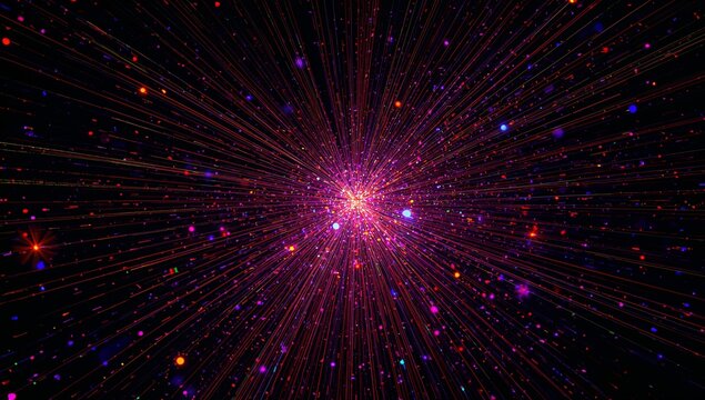 Radiating magenta-white core sending radial rays against black void, with colorful particles