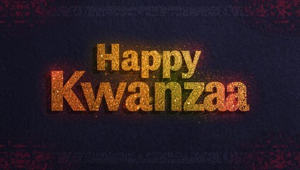 Showing centered 'Happy Kwanzaa' text glowing with glitter sparkles on navy background, red borders