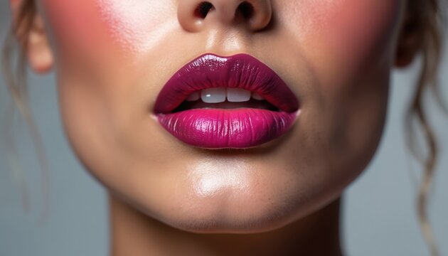 Close face portrait shows woman makeup with glossy lipstick. Woman using gradient colour on lips. Beauty concept for make-up related advertising. Lipstick cosmetics application for beauty business