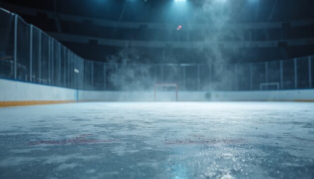 Empty ice hockey rink with dramatic lighting and fog. Arena ice surface with goal net in distance. Sport arena stadium with cold atmosphere. - Powered by Adobe