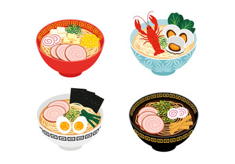 This colorful illustration showcases four distinct bowls of Japanese ramen featuring toppings like lobster, chashu pork, and soft-boiled eggs served in uniquely patterned ceramic vessels