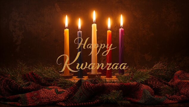 Glowing five taper candles casting warm light on holder on tabletop, with gold Happy Kwanzaa script
