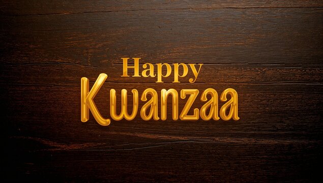 Displaying centered gold 3D Happy Kwanzaa text glowing on dark wooden planks with warm highlights