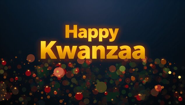 Showing gold text Happy Kwanzaa on digital card, glowing with bokeh, light rays and drop shadow