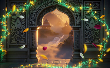 Mystical Celestial Stone Arch Backdrop with Sanskrit Carvings, Peacock Motifs, Glowing Vines, and Enchanted Divine Realm