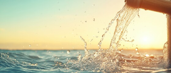 Water flows from a pipe into the sea at sunset, creating splashes.