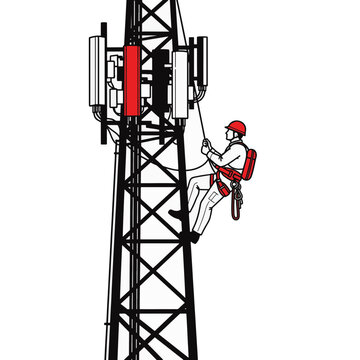 Technician climbing a telecommunication tower vector illustration. Worker with safety harness maintaining a cell tower antenna. Line art graphic for 5G network and mobile infrastructure concepts