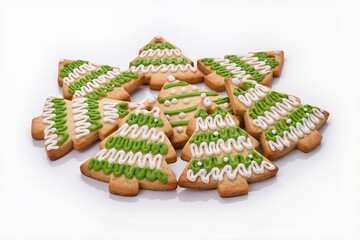 Isolated on a white background are Christmas cookies in the shape of a Christmas tree, made in a knitted style