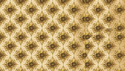 Showing ornate gold floral medallions wallpaper filling frame on parchment with metallic foil seams